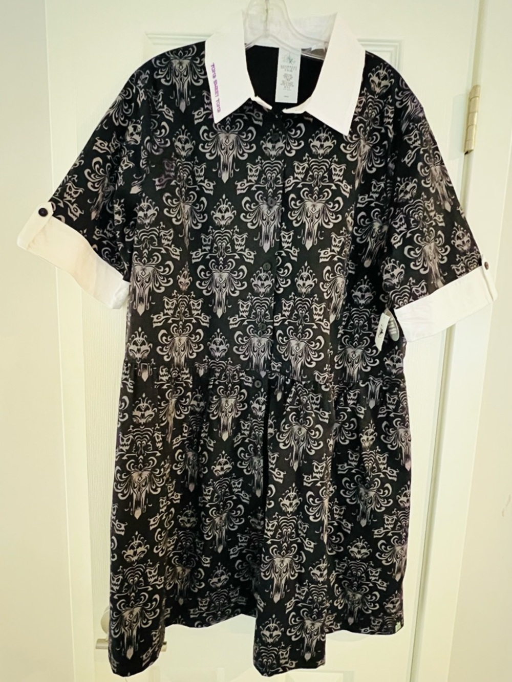 Disney Black Dress with White Collar and Purple Embroidery